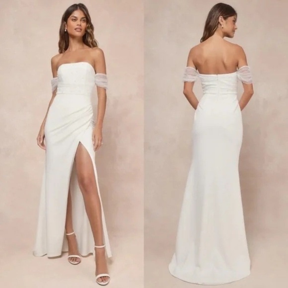 Lulus Profound Glamour Ivory Pearl Off-The-Shoulder Tulip Maxi Dress Size S